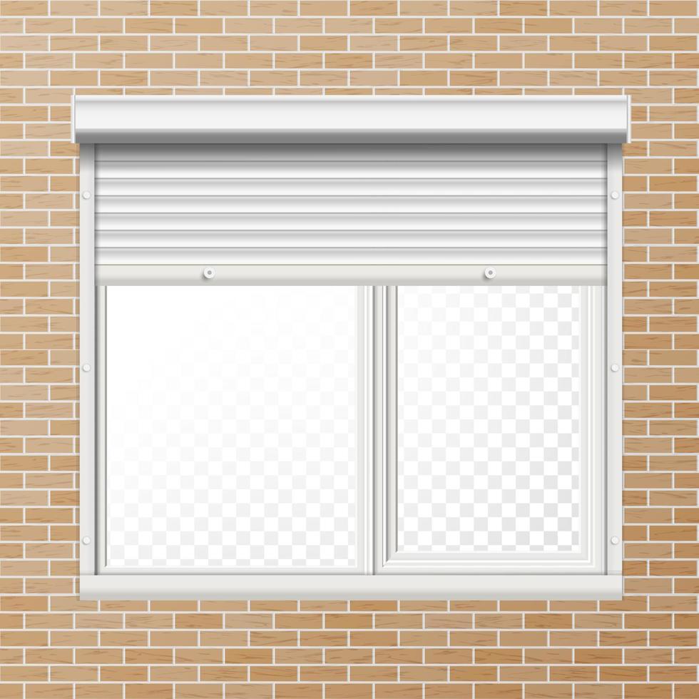persianas enrollables vectoriales. pared de ladrillo. ilustración de persiana enrollable metálica blanca. vector