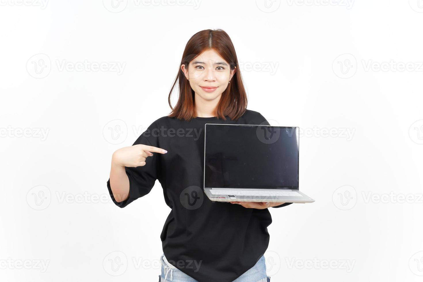 Showing Apps or Ads On Laptop Blank Screen Of Beautiful Asian Woman Isolated On White Background photo