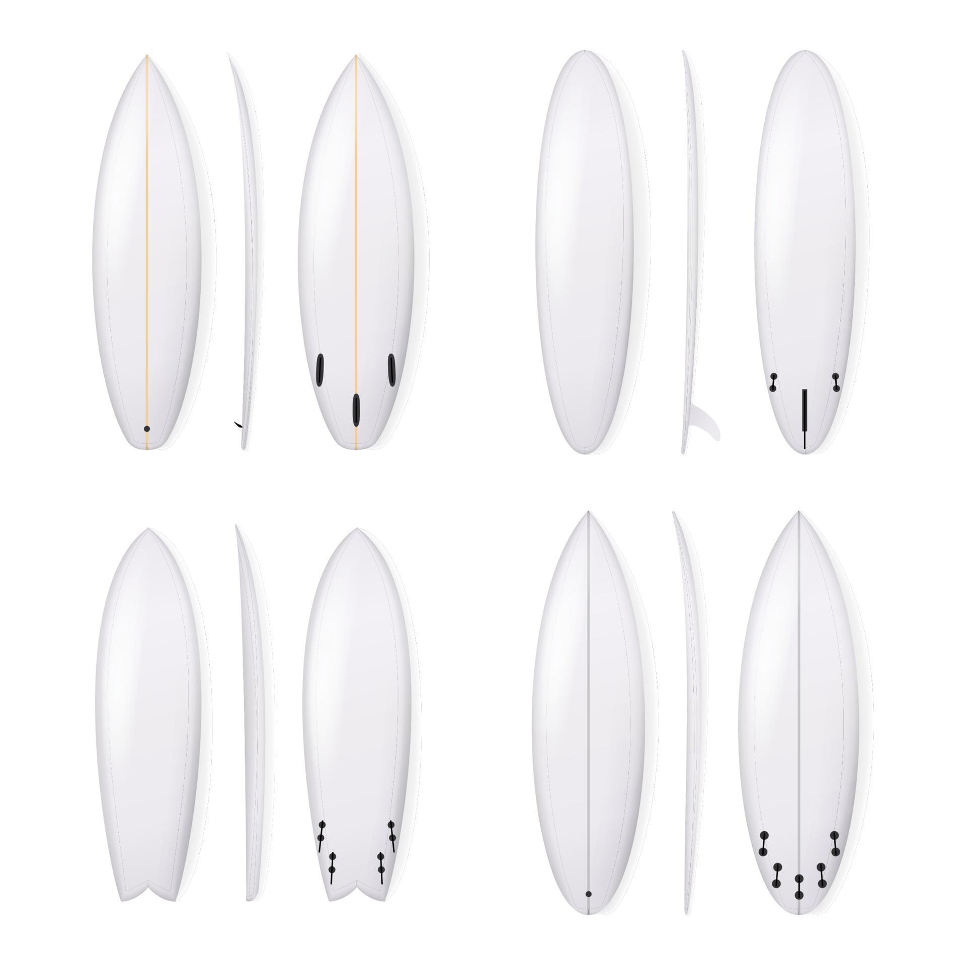Realistic Surfboard Vector Set. White Surfing Board Template Isolated