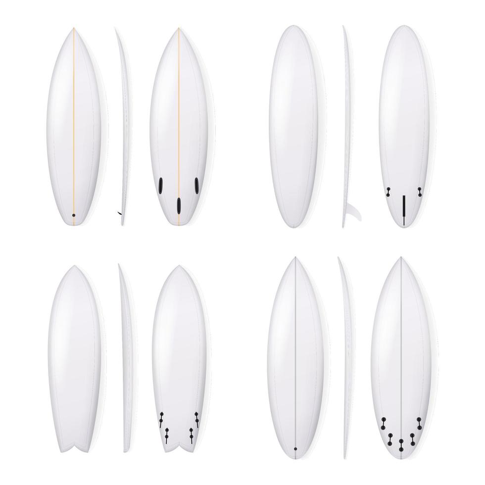 conjunto de vectores de tablas de surf realistas. plantilla de tabla de surf blanca aislada sobre fondo blanco.