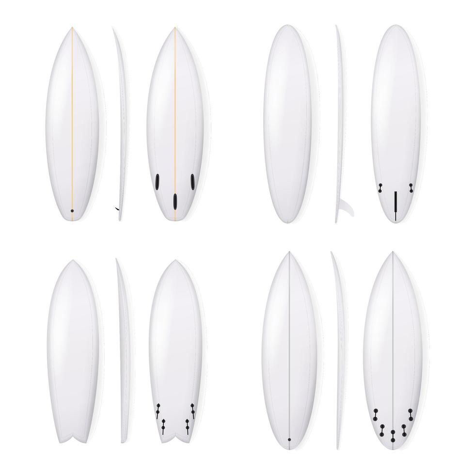 Realistic Surfboard Vector Set. White Surfing Board Template Isolated On White Background.