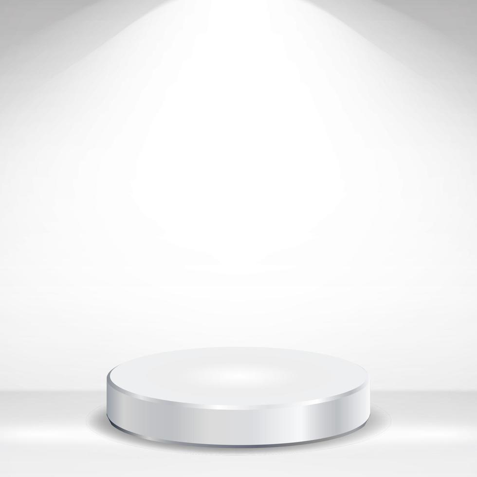 3d Empty Podium Vector. Round Empty White Podium On Clean light Interior Scene Mock Up. Vector illustration.