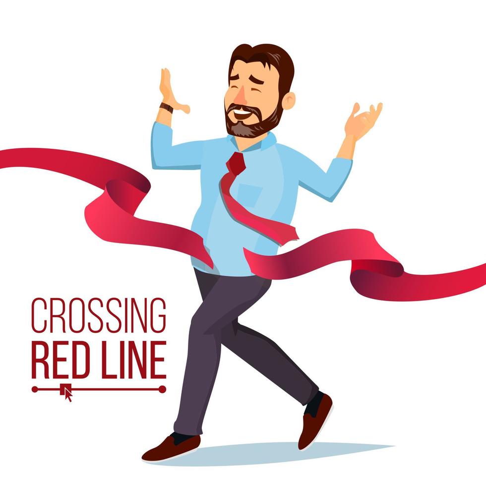 Businessman Crossing Red Ribbon Line Vector. Business Achievement. Successful Manager. First. Isolated Flat Cartoon Character Illustration vector