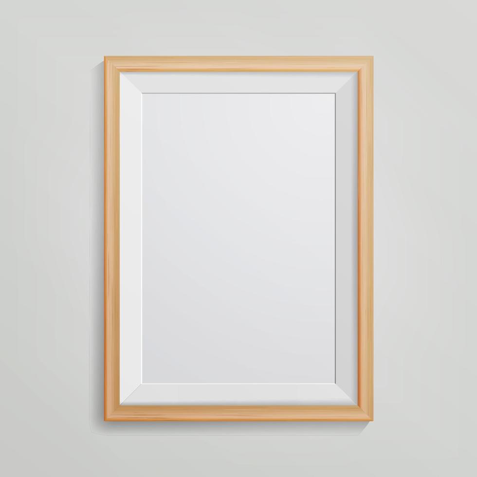 Realistic Photo Frame Vector. 3d Empty Wood Blank Picture Frame, Hanging On White Wall From The Front. Vintage style. Retro Photo Frame Template. Design Template For Mock Up. vector