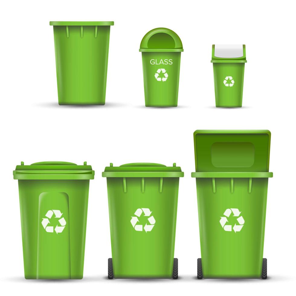 Green Recycling Bin Bucket Vector For Glass Trash. Opened And Closed. Front View. Sign Arrow. Isolated Illustration