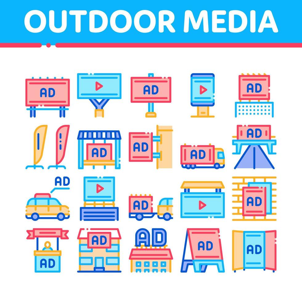 vector de conjunto de iconos de promoción de publicidad de medios al aire libre