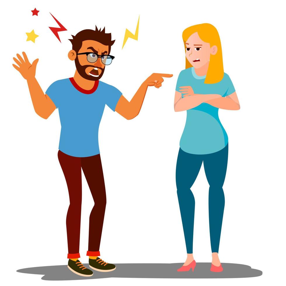 Quarrel Man And Woman Vector. Conflict. Disagreements. Quarreling People concept. Angry People. Shouting. Cartoon Illustration vector