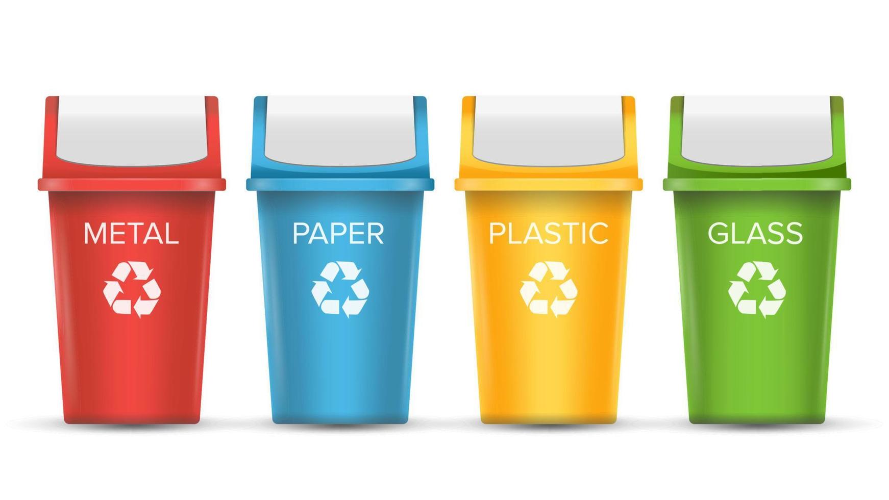 Colorful Recycle Trash Bins Vector. Set Of Realistic Red, Green, Blue, Yellow Container Buckets. Isolated On White Background vector