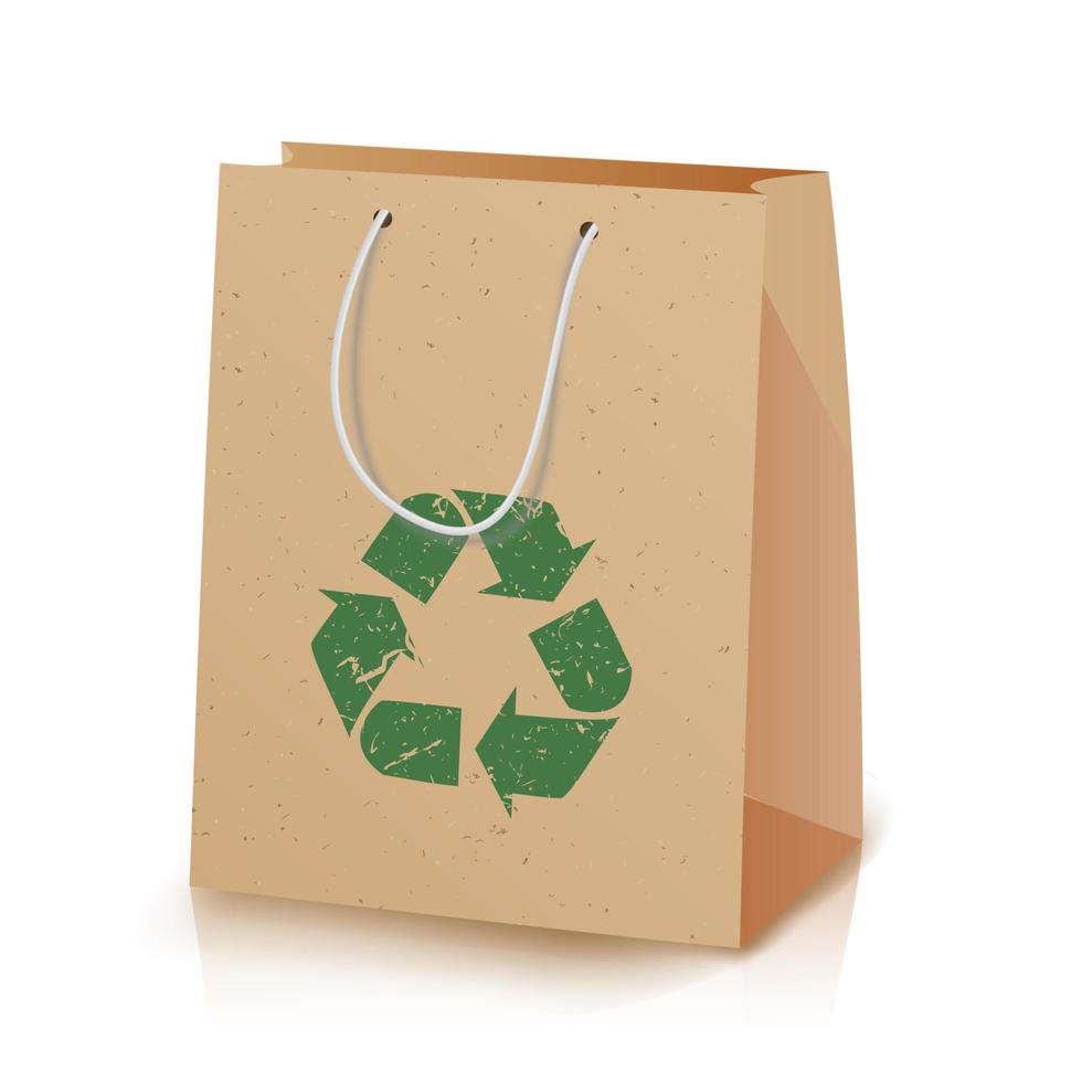 bolsa de papel reciclado. ilustración de una bolsa de papel marrón reciclada con asas que no dañan el medio ambiente. icono de signo de reciclaje. Paquete artesanal ecológico. ilustración aislada vector