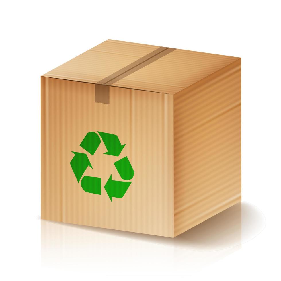 vector de caja de reciclaje. caja de cartón marrón con símbolo de reciclaje. ilustración aislada