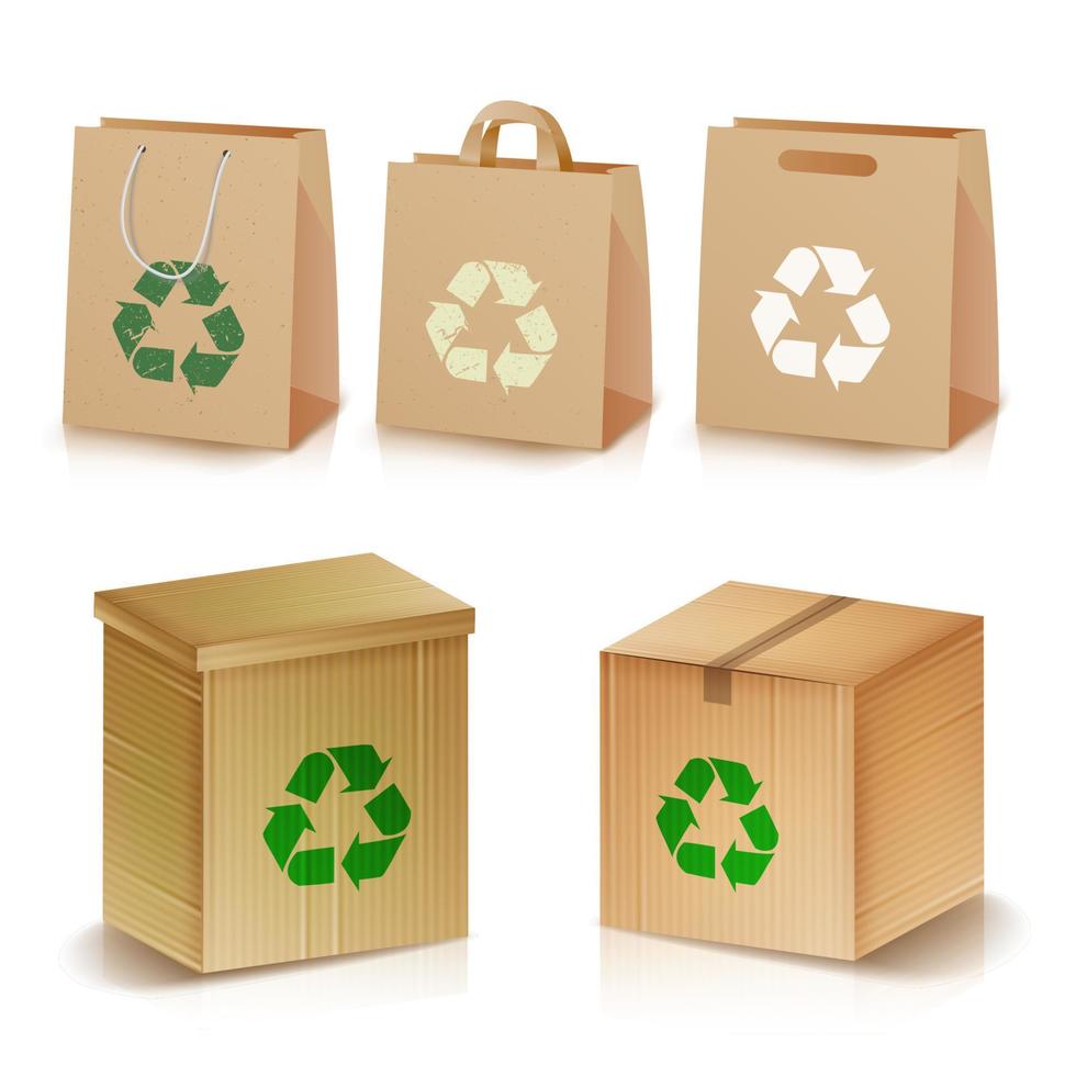 reciclaje de bolsas y cajas de papel. paquete de artesanía ecológica en blanco realista. ilustración de cajas y bolsas de papel de compras marrones recicladas con símbolo de reciclaje. ilustración aislada vector