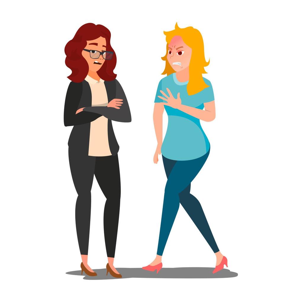 Quarrel Women Vector. Office Workers Characters. Conflict. Disagreements. Negative Emotions. Quarreling People. Angry Man And Woman. Dispute. Shouting. Isolated Flat Cartoon Illustration vector
