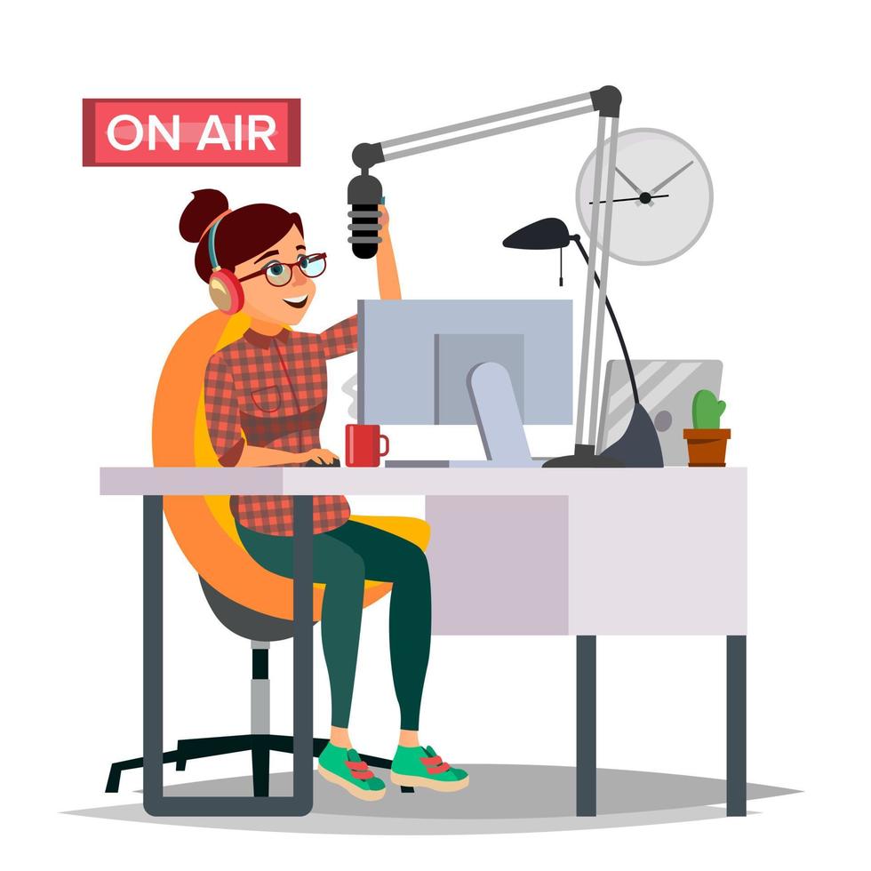 Radio DJ Woman Vector. Broadcasting. Modern Radio Station. Female Speak Into The Microphone. On Air. Broadcasting. Isolated Flat Cartoon Illustration vector