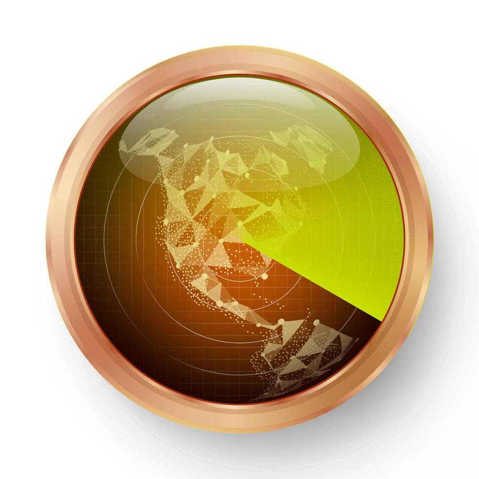 Radar Icon Vector. Realistic Surveillance Radar Screen Illustration On Round Metal Frame. North America. Map With Luminous Reflection. vector