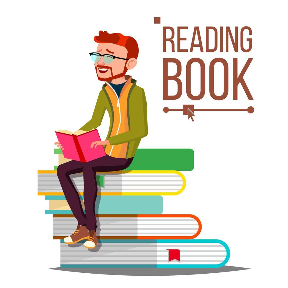 Man Reading Book Vector. Giant Stack Of Books. Library. Learning. Isolated Flat Cartoon Illustration vector