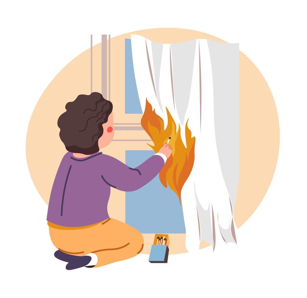Kid playing with matches, dangerous objects at home vector