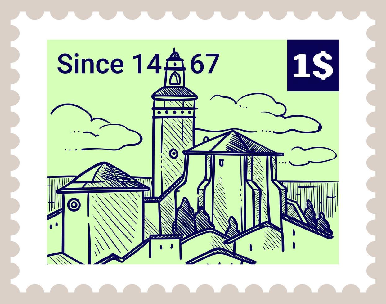 marca postal con paisaje urbano, vista de la ciudad en el sello vector