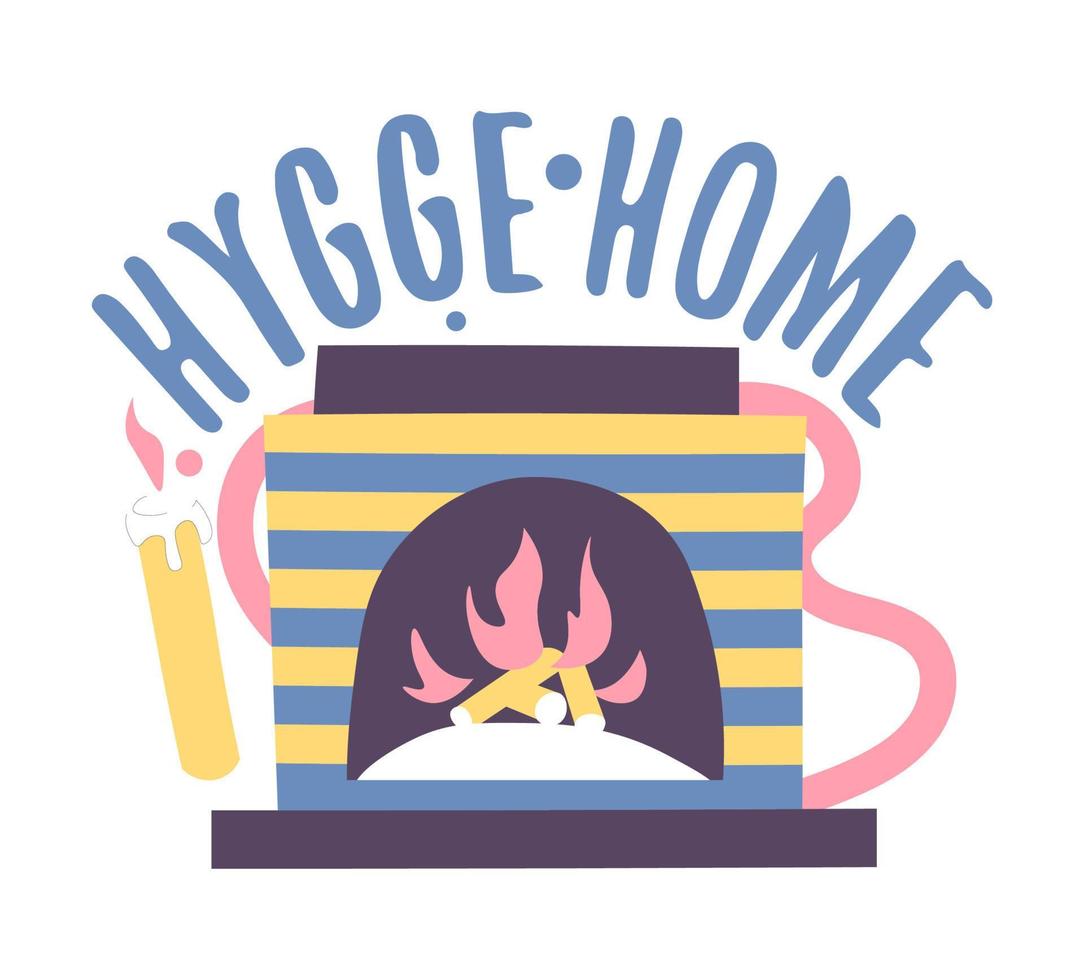 hogar hygge, chimenea con llamas y troncos vector