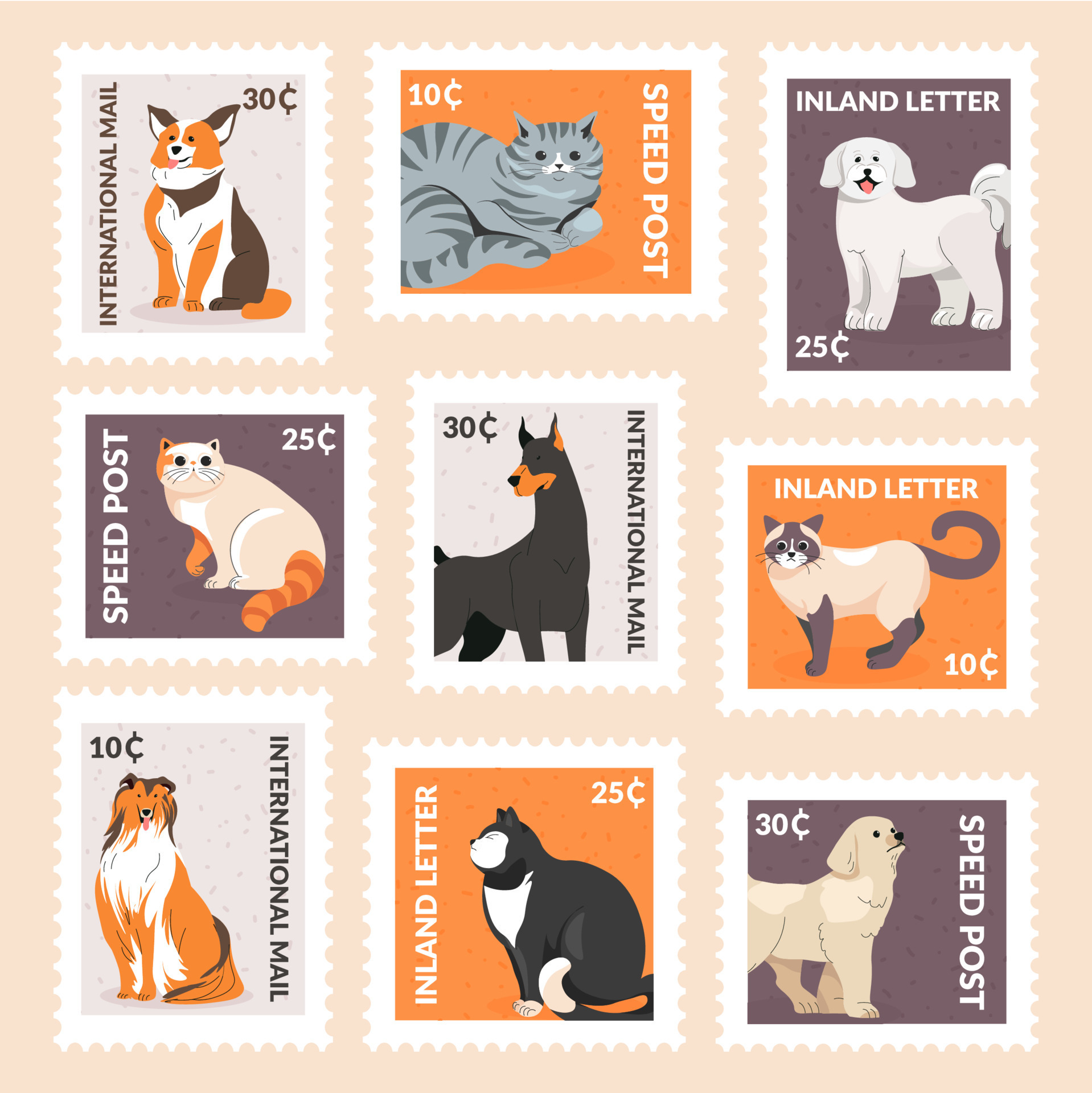 Postage stamp with cute colorful cat, dog character 17549380 Vector Art