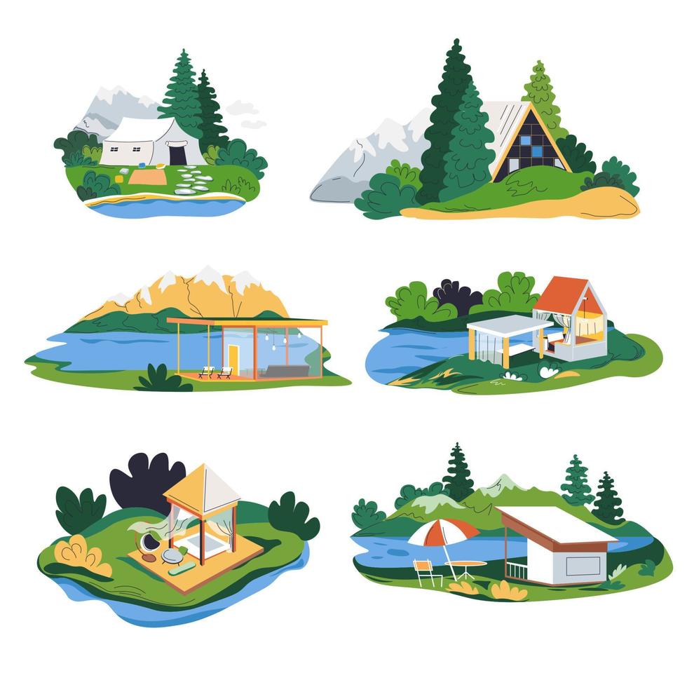Eco resort, houses by forests or lakes vector