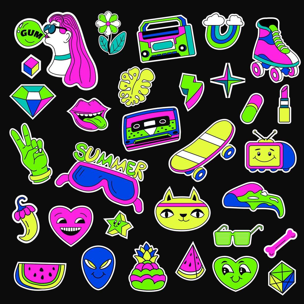 90s stickers and signs, retro pack of emoticons vector