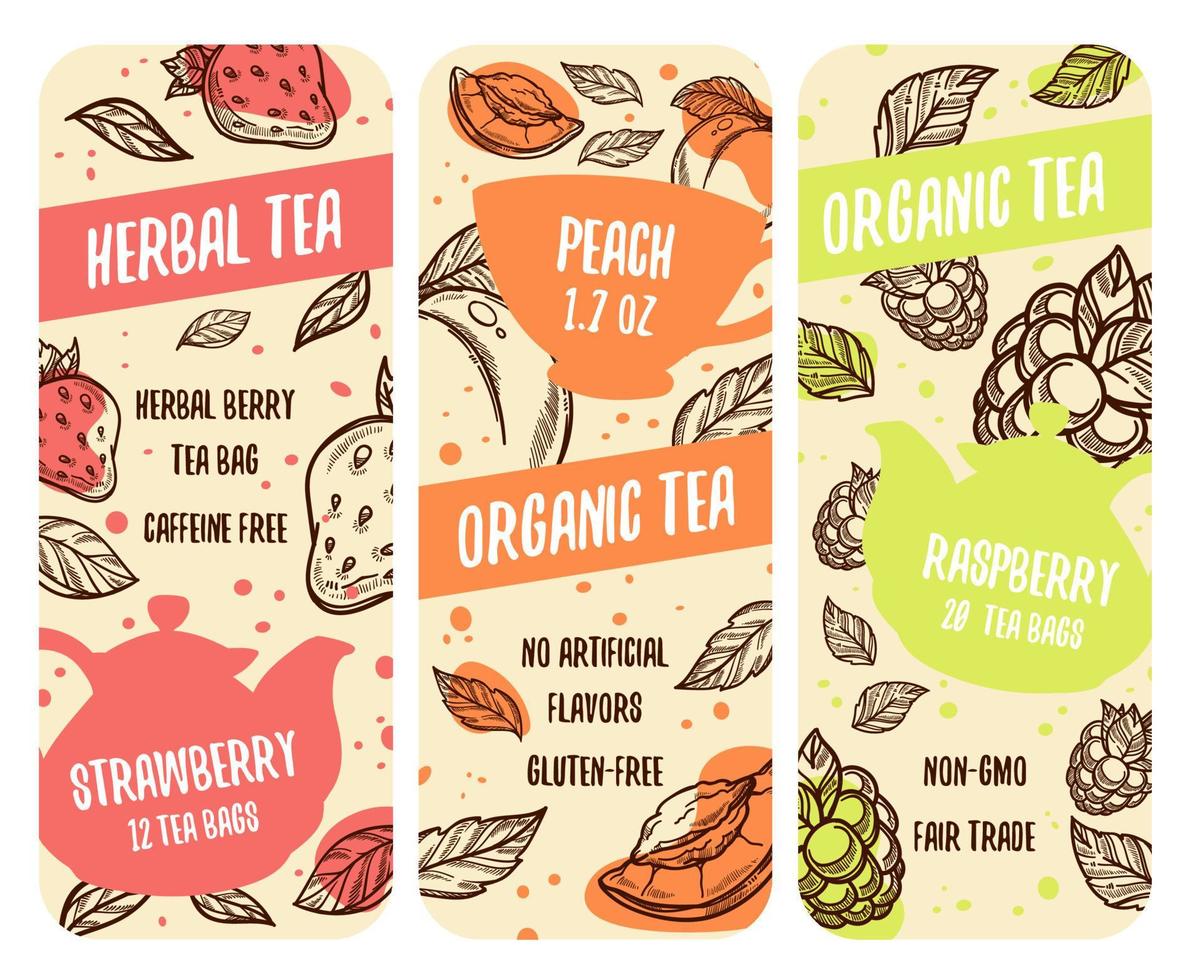 Herbal organic tea blends, package sticker label vector