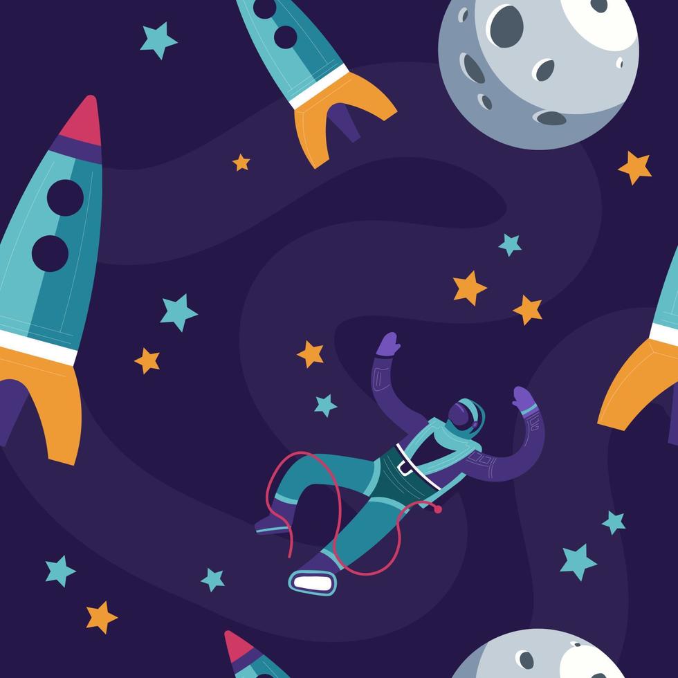 Astronaut with rockets, moon and galaxy stars vector