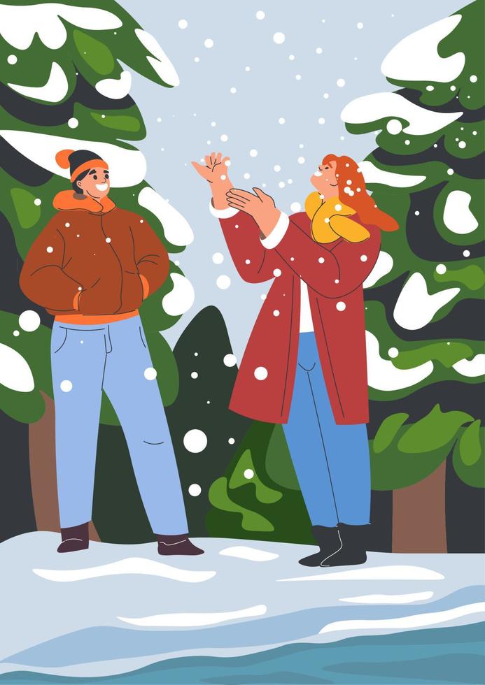 pareja disfrutando de la primera nevada en invierno hombre y mujer vector