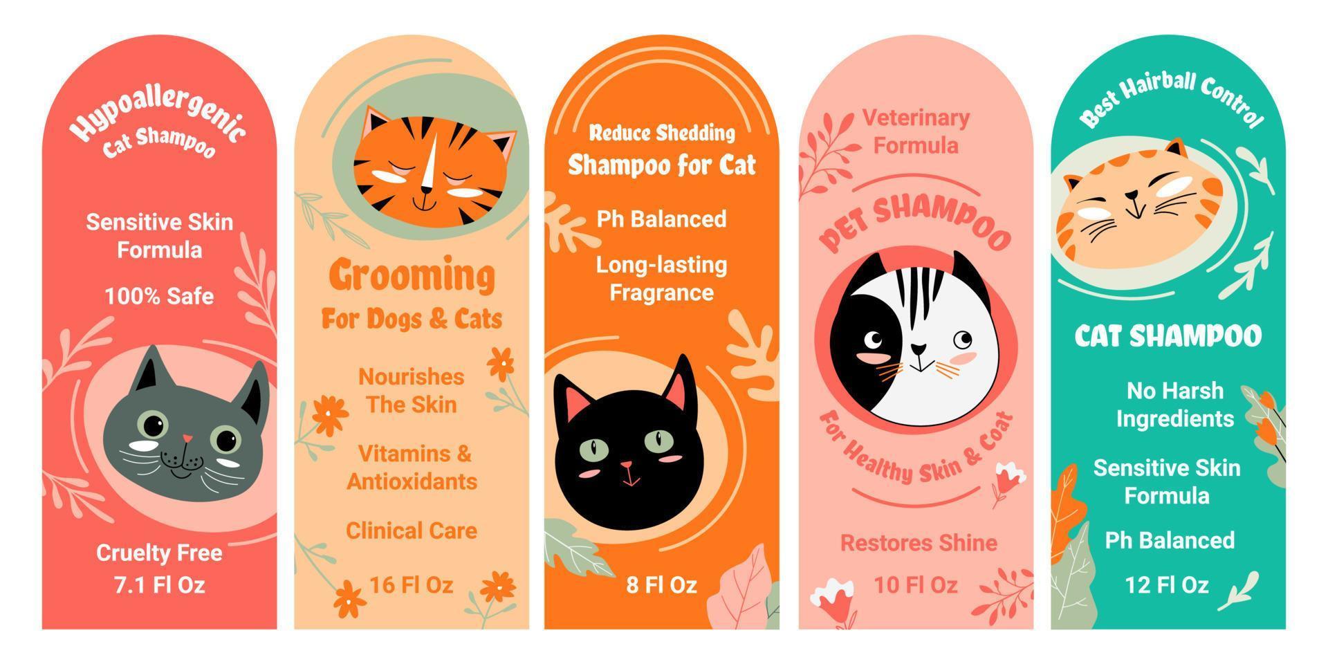 Cat shampoo package, colorful label design set vector