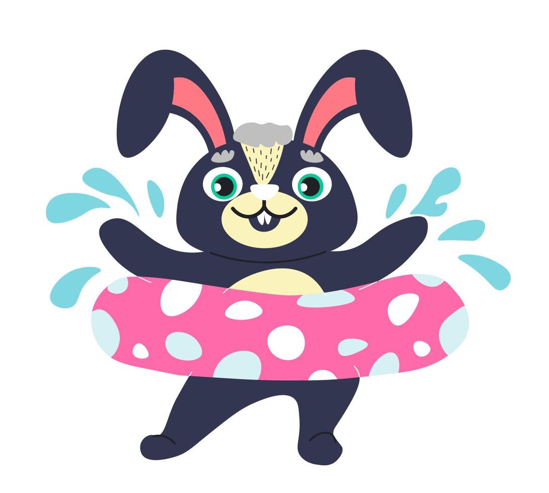 Rabbit character wearing lifebuoy swimming in pool vector