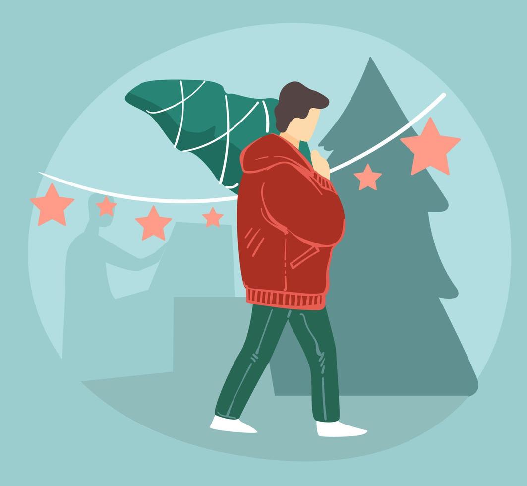 Man carrying pine tree from market, xmas holiday vector