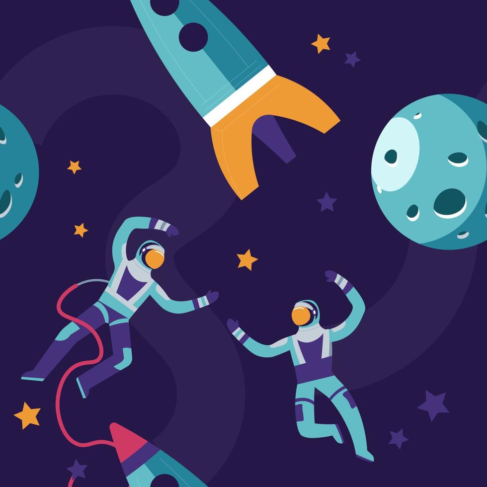 Astronauts in cosmos with rocket and moon stars vector