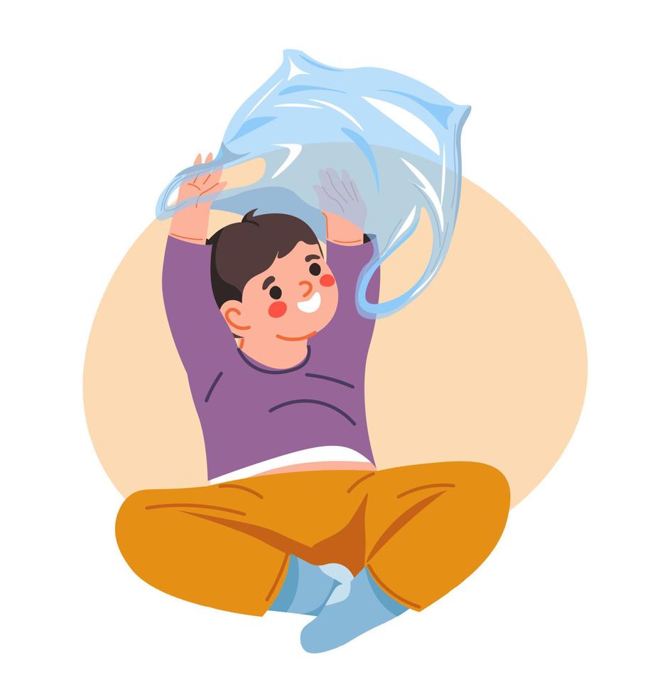 Kid playing with plastic bag, dangerous objects vector