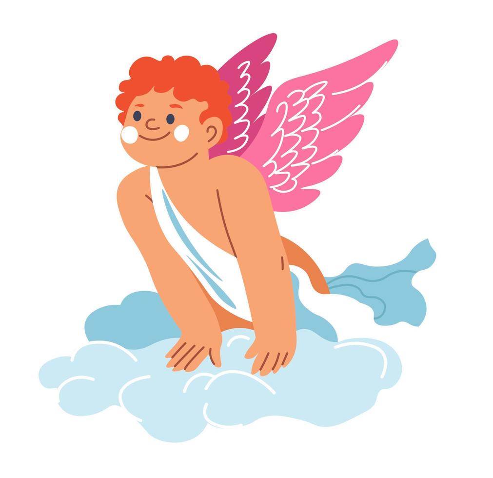 Excited angel boy sitting on clouds on havens vector