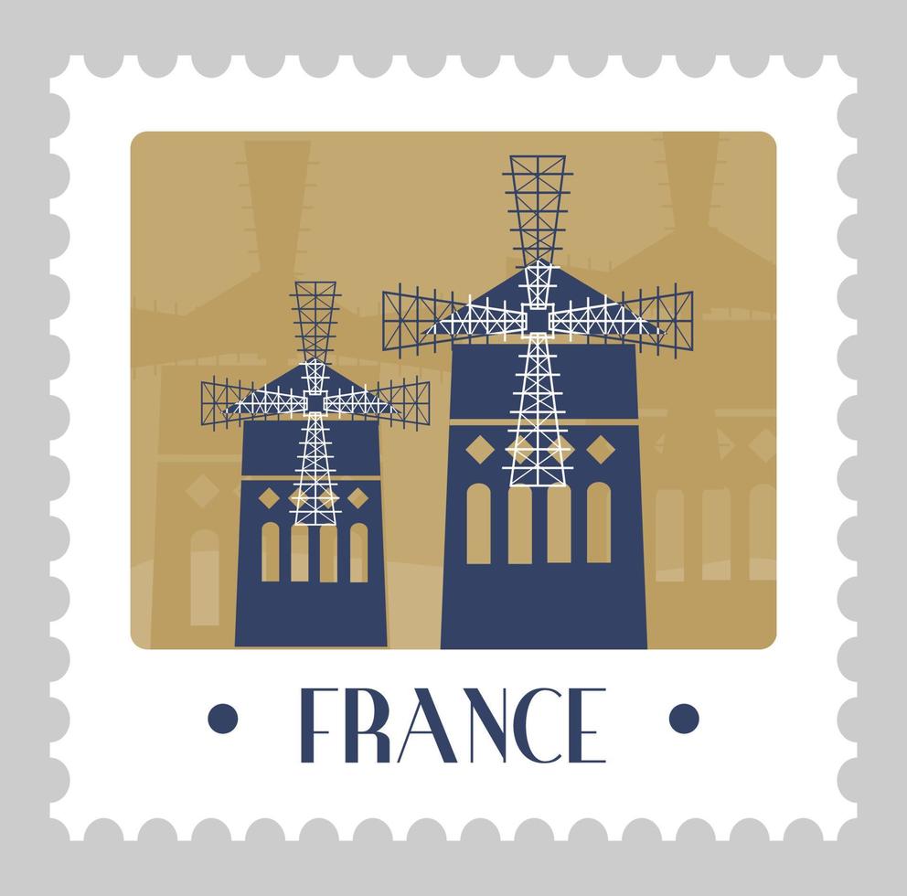 Francia marca postal o tarjeta con molinos agrícolas vector