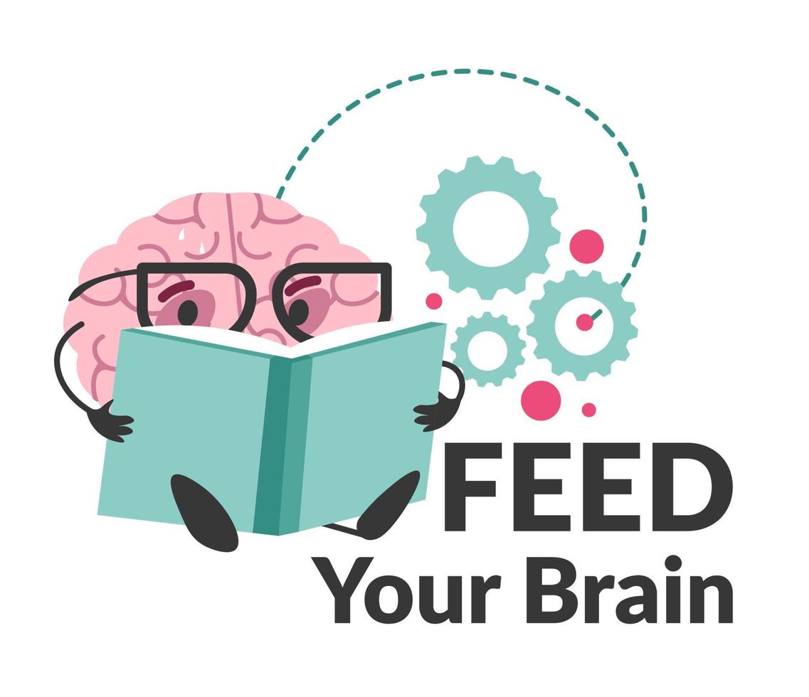 Feed your brain, mind character reading books vector