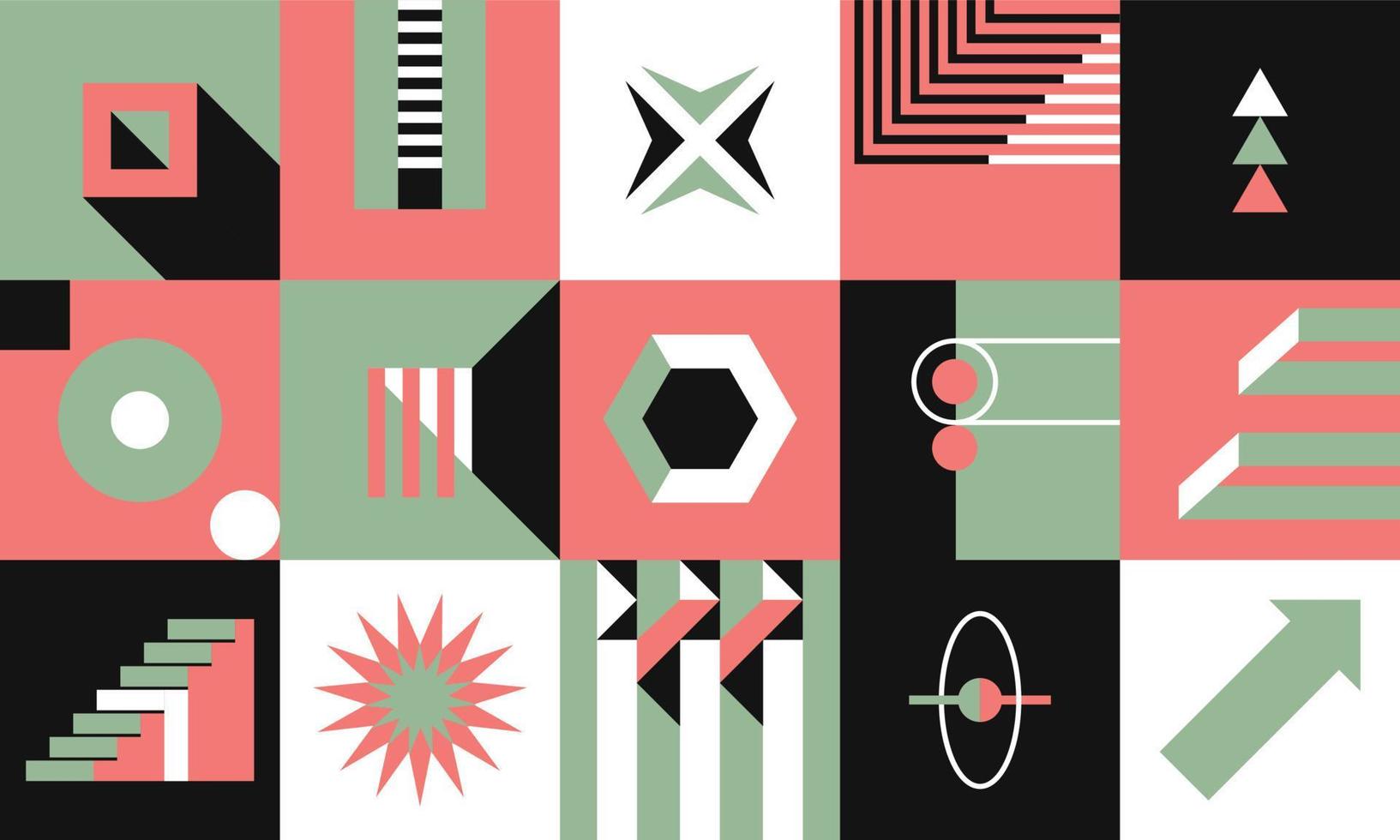 Geometric shapes and abstract forms in square, print or seamless pattern vector