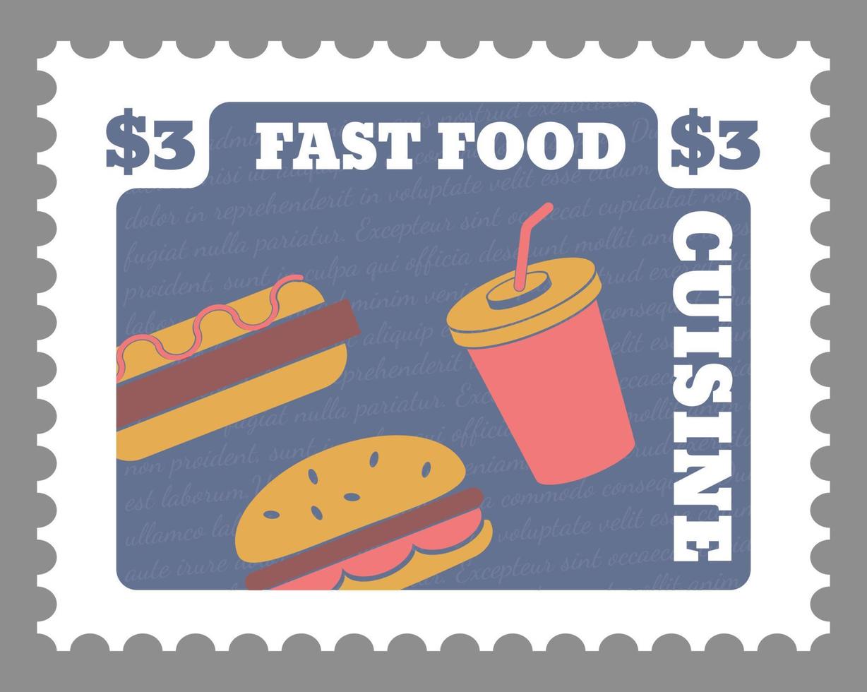 Cuisine postmark, fast food America meal menu vector