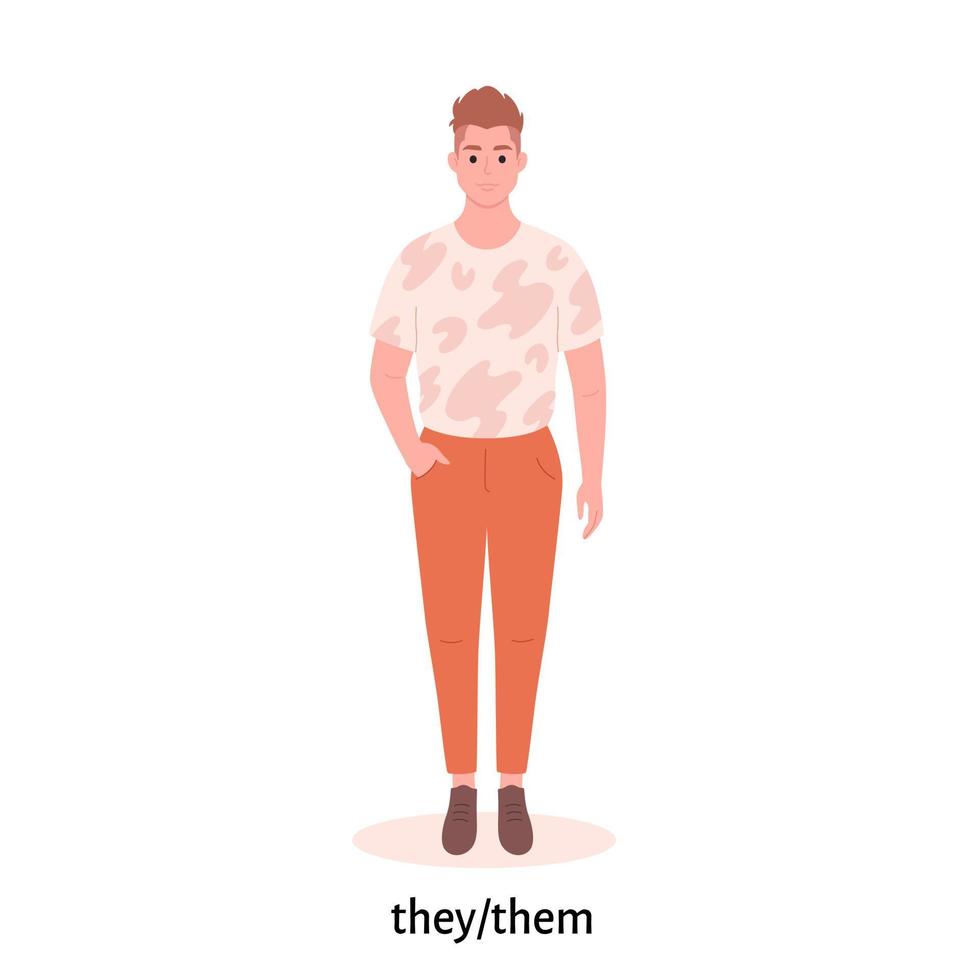 Young man with gender pronoun. She, he, they, non-binary. Gender-neutral movement. LGBTQ community vector