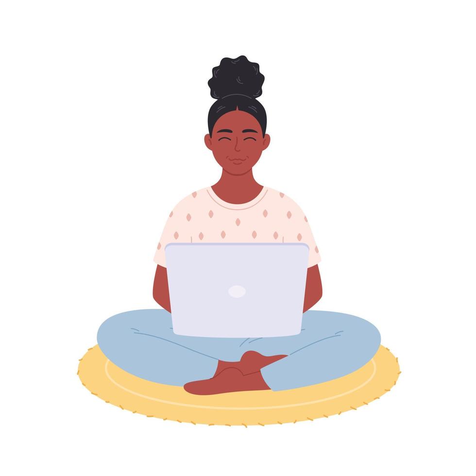 Black woman sitting with laptop. Woman working on computer. Freelance, work from home, remote working vector