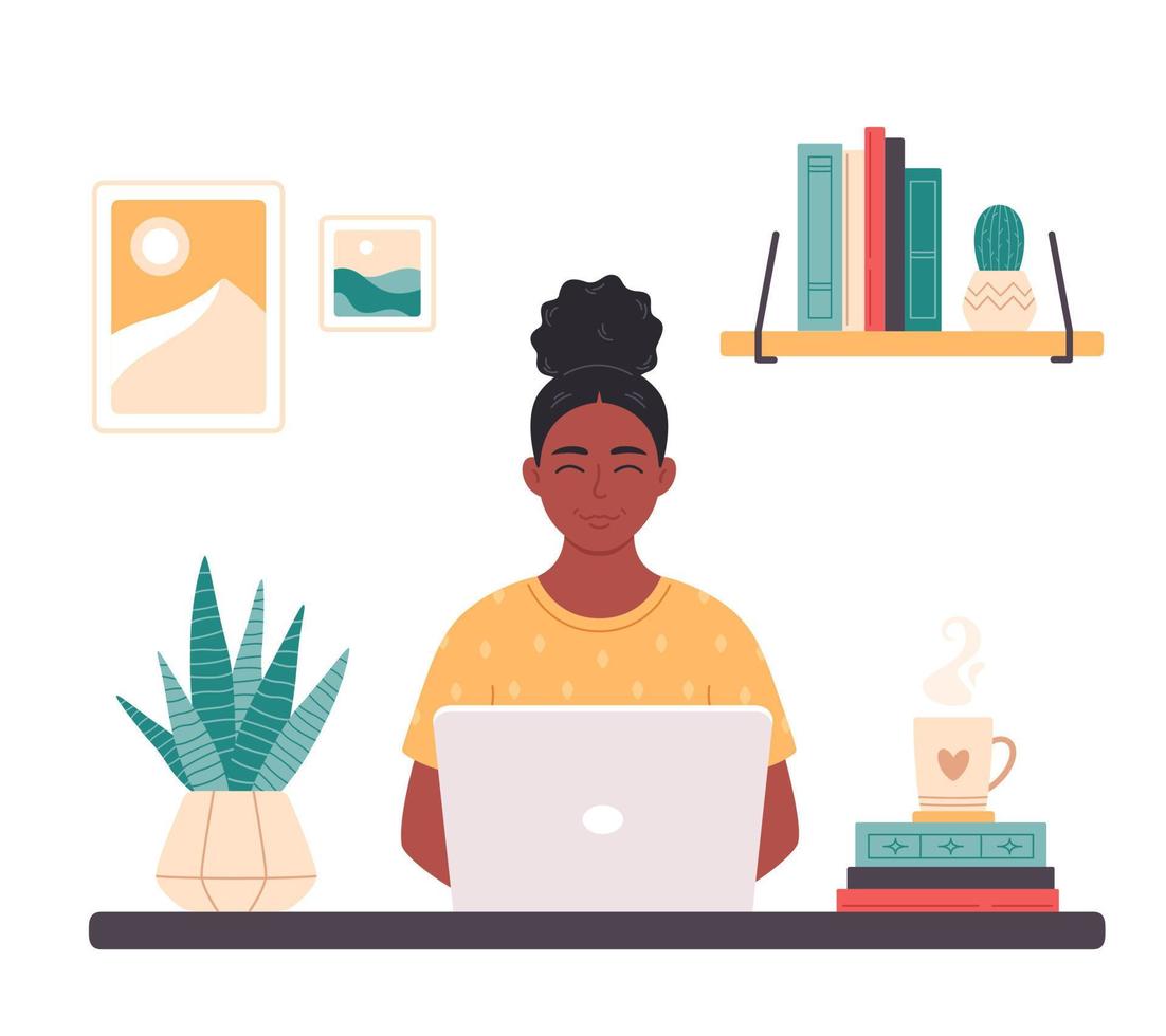 Black woman working with computer. Home office, freelance, remote working, programming, customer service, online career. vector