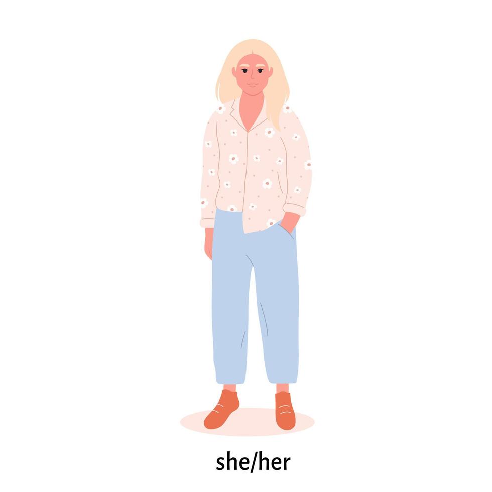 Young character with gender pronoun. She, he, they, non-binary. Gender-neutral movement. LGBTQ community vector