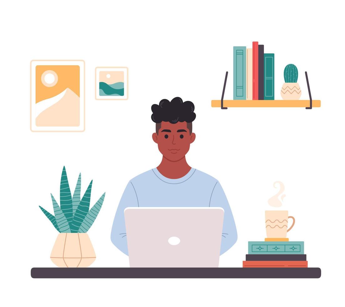 hombre negro trabajando con computadora. oficina en casa, freelance, trabajo remoto, programación, servicio al cliente, carrera en línea. vector