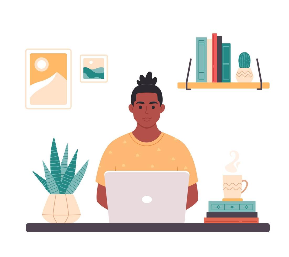 hombre negro trabajando con computadora. oficina en casa, freelance, trabajo remoto, programación, servicio al cliente, carrera en línea. vector