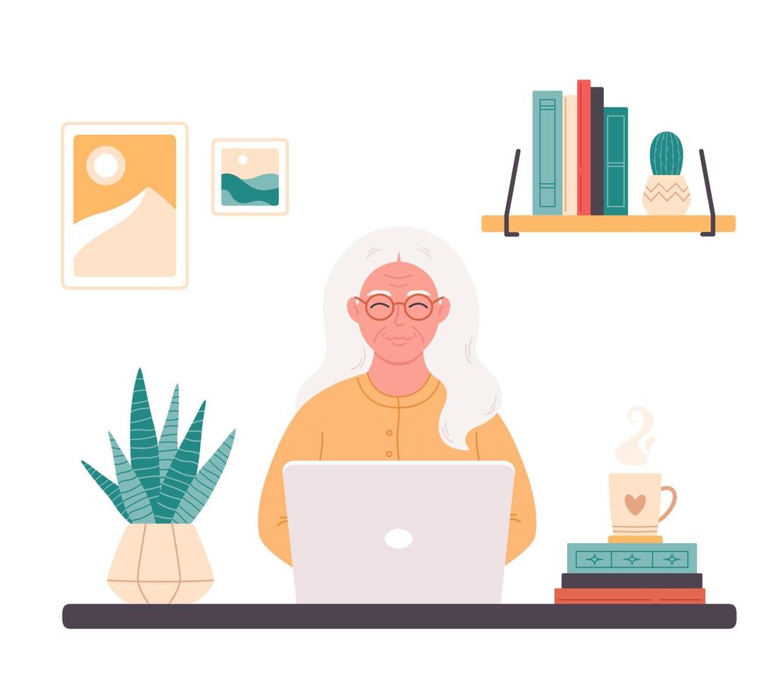 Old woman working on computer at home. Online education, web courses, remote working, modern technologies and old people vector