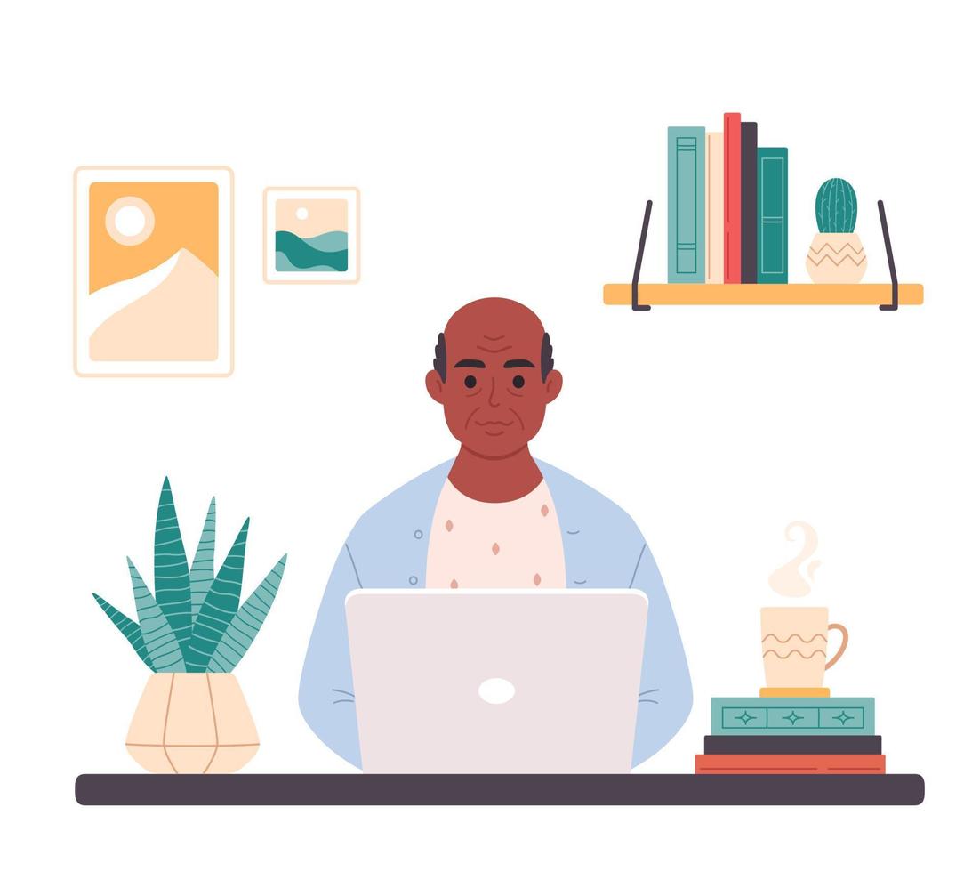 anciano negro trabajando en la computadora en casa. educación en línea, cursos web, trabajo remoto, tecnologías modernas y personas mayores vector