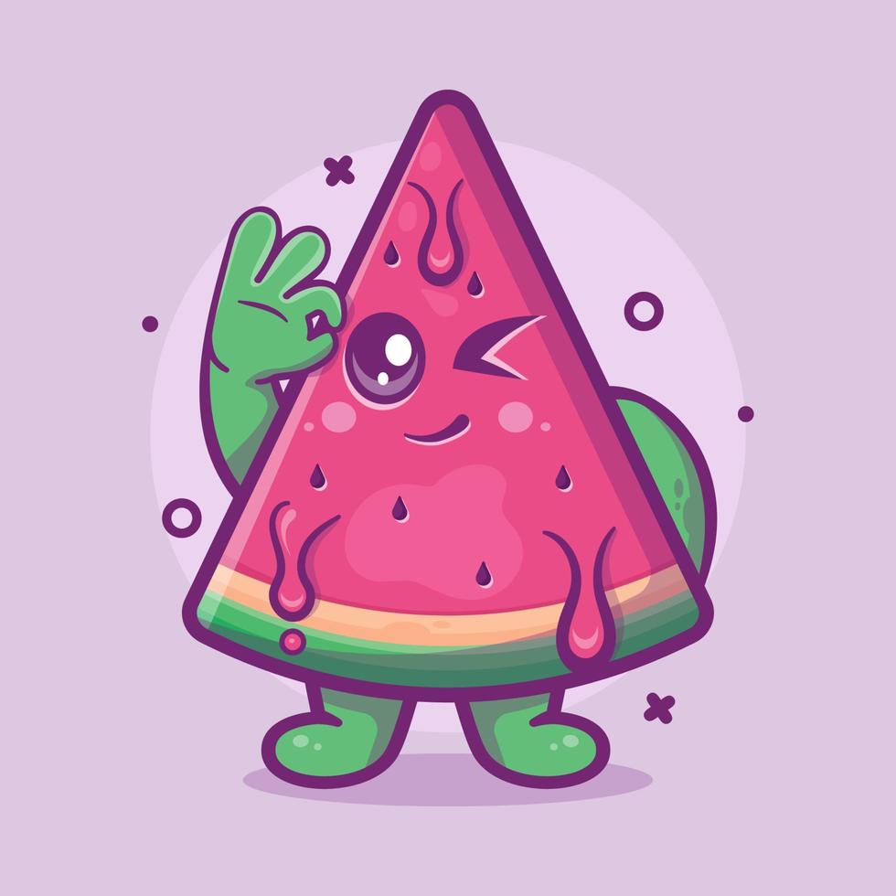 cute watermelon fruit character mascot with ok sign hand gesture isolated cartoon in flat style design vector