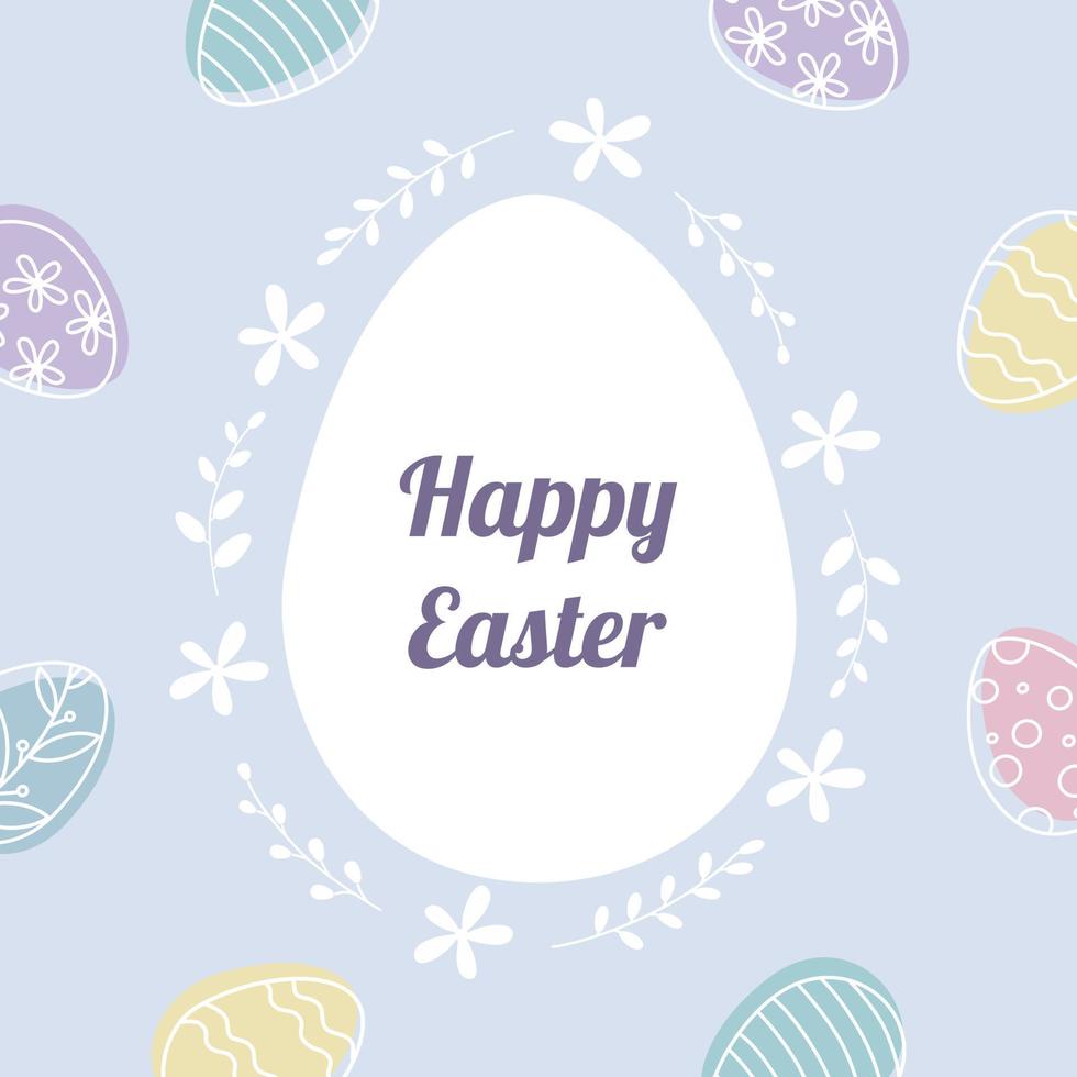 feliz diseño de tarjeta de felicitación de pascua con silueta de huevo de pascua blanca grande dibujada a mano, adorno floral sobre fondo violeta claro. ilustración vectorial de vacaciones. vector