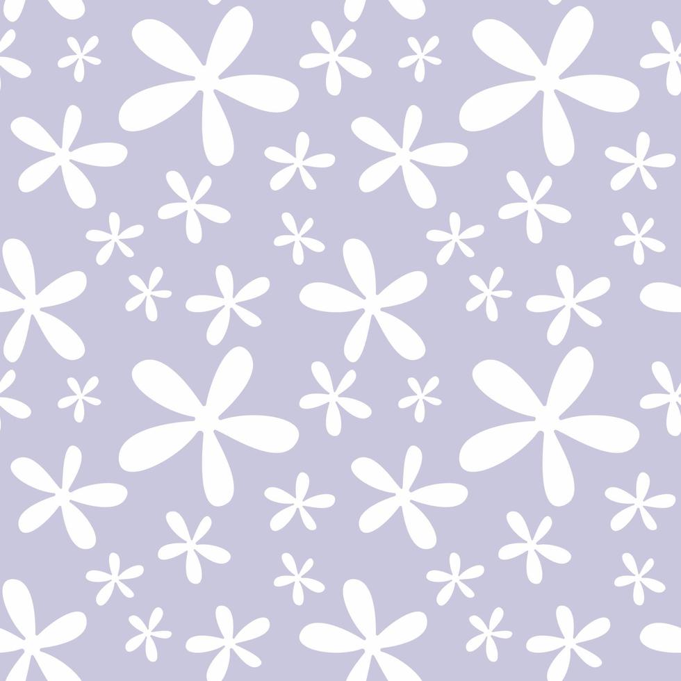 Hand drawn floral seamless pattern with white simple flower silhouette on light purple background, flat vector spring illustration.
