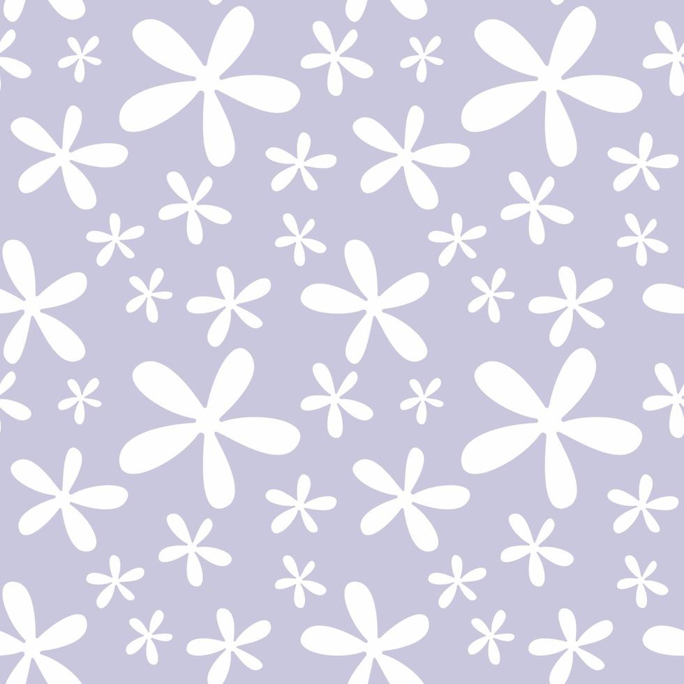 Hand drawn floral seamless pattern with white simple flower silhouette on light purple background, flat vector spring illustration.